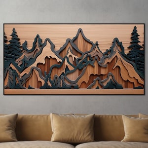 LakelzDecor Mountain Wood Inspired Cabin art, Forest Abstract, Large Horizontal Canvas, Wooden Panel Effect, Navy Blue & Brown Wall Print