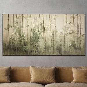 LakelzDecor Japanese Inspired Bamboo Forest, Vintage Cabin Décor, Framed Rustic Asian art, Large Horizontal Canvas, Japandi Green & Beige