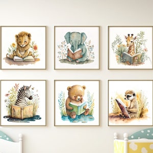 Animal Studying Nursery Wall Art, Set of 6, Baby Shower, Animal reading book, Kid room decor, Children art poster, Watercolor art