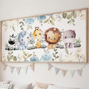 Lindo safari animales vivero arte de la pared, decoración de la pared horizontal, impresión de lienzo grande, cartel de arte del vivero panorámico, género neutro, animales bebés