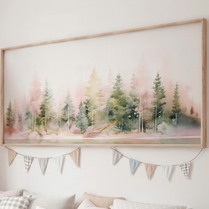 LakelzDecor Pink and Green Forest Nursery, Wide Horizontal Landscape Print, Watercolor Mountain Wall Art, Large Panorama Girl room decor