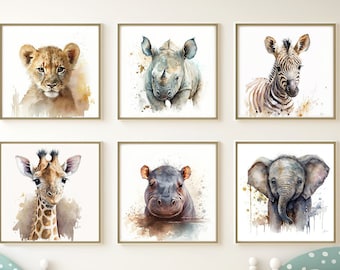 Safari nursery decor art, Set of 6, Nursery decor, Printable wall art, Baby Animal prints for nursery, Baby Animal, Watercolor Painting