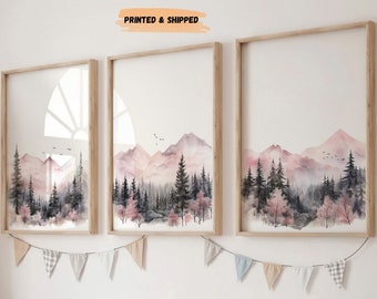 LakelzDecor Dreamy Pink mountain decor art prints, Set of 3, Forest nursery wall art, tree nursery decor, Dream land adventure gray and pink