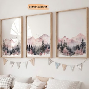 LakelzDecor Dreamy Pink mountain decor art prints, Set of 3, Forest nursery wall art, tree nursery decor, Dream land adventure gray and pink