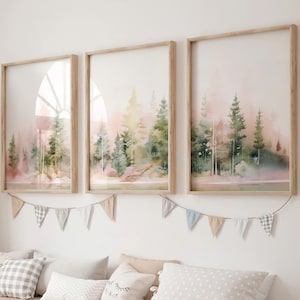 LakelzDecor rosa Wald Wald Dekor, 3er-Set, Mädchen Kinderzimmer Wandbild, Abenteuer Thema, Berg Thema, Salbei grün Aquarell