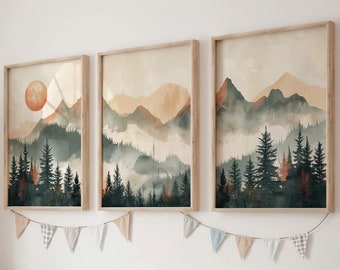 LakelzDecor Orange & Sage Green Mountain Decor Printable, Set of 3, Landscape nursery decor, adventure theme, Fall Autumn Sunrise Forest