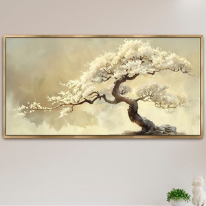 LakelzDecor Vintage White Cheery Blossom Flower Wall Print, Hokusai Artwork, Flower Cabin Décor, Framed Rustic Asian Art, Horizontal Canvas