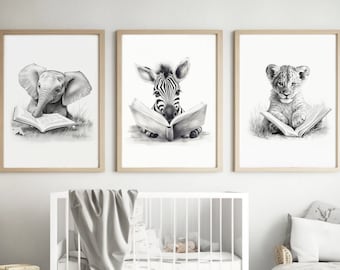 Reading Animal Nursery Wall Art, Set of 3, Baby animal reading book, Study room decor, Children art poster, Black and white art, Pencil Art