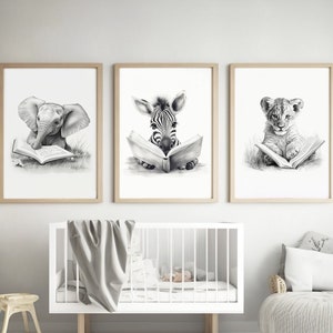 Reading Animal Nursery Wall Art, Set of 3, Baby animal reading book, Study room decor, Children art poster, Black and white art, Pencil Art