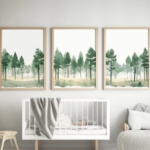 3 Piece Sage Green and Beige Nursery, Mountain Forest, wall art printable, tree nursery decor, adventure theme nursery, modern wall prints