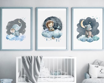 Sleeping safari animal printable art, Set of 3, Nursery wall art, blue and gray, nursery decor girl and boy, blue nursery decor