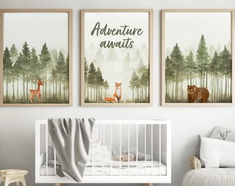 Adventure awaits nursery decor printable, Set of 3, forest nursery decor woodland, mountain wall art, woodland animal art, sage green, beige