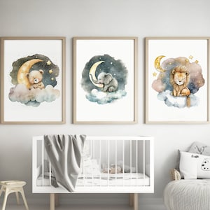 Sleeping safari animal on cloud printable art, Set of 3, moon and star watercolor, nursery decor girl and boy, sweet dream nursery decor