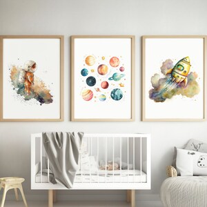 Watercolor Space Nursery Printable, Solar System Planets, Kids Room Wall Art, Space Playroom Decor, Spaceship Astronaut Poster, night sky