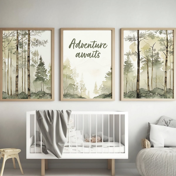 Adventure awaits nursery decor printable, Set of 3, nursery wall art, tree nursery decor, mountain nursery, forest theme, sage green, beige