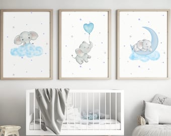 Decoração de berçário menino, berçário azul cinza, azul bebê, conjunto de 3, berçário de elefante, berçário azul marinho para impressão, nuvem e estrelas, arte de parede de berçário