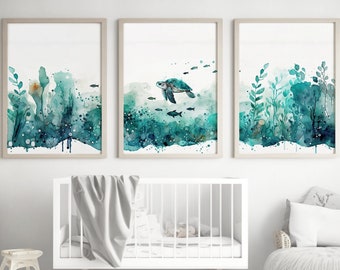 Under The Sea Wall Art Set of 3 Ocean Nursery Decor Nautical Printable Nursery Gender Neutral Nursery Ocean Prints Boy Nursery Decor Sea Art