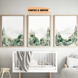 3 Pieces Nursery decor mountain, nursery wall art prints, tree nursery decor, adventure theme nursery, forest printed art, sage green, beige