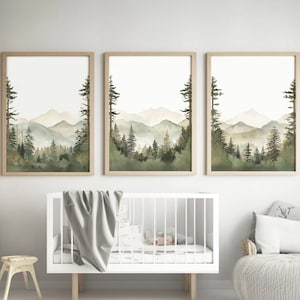 Sage Green and Beige Mountain Forest, Set of 3, nursery wall art printable, tree nursery decor, adventure theme nursery, modern wall prints