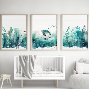 Under The Sea Wall Art Set of 3 Ocean Nursery Decor Nautical Printable Nursery Gender Neutral Nursery Ocean Prints Boy Nursery Decor Sea Art