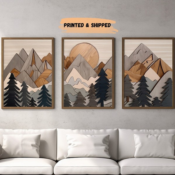 Forest Mountain Range Wall Art Prints, Set of 3, Wood Panels, Modern Framed Wall Art, Large Wall Canvas, Rustic Wood Effect, Framed Wall Art