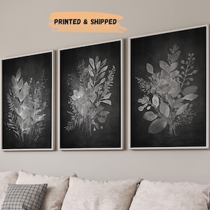 LakelzDecor 3 Piece Neutral Chalk Board Wall Prints, Dark Background Floral, Black and White Flowers, Gray Farmhouse Decor, Meadow Grass art