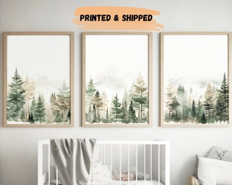 Mountain nursery decor prints set of 3 nursery woodland wall art tree nursery decor adventure theme nursery forest sage green beige printed