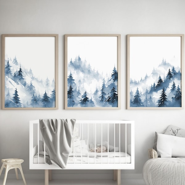 LakelzDecor Blue Mountain nursery decor, Set of 3, nursery wall art, boy room decor, adventure theme nursery, navy, baby blue wall art