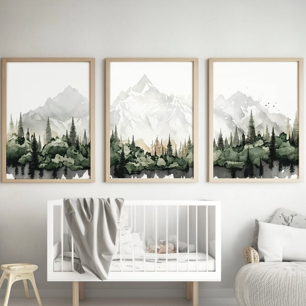 Mountain nursery decor printable, Set of 3, nursery wall art, tree nursery decor, adventure theme nursery, forest theme, sage green, beige