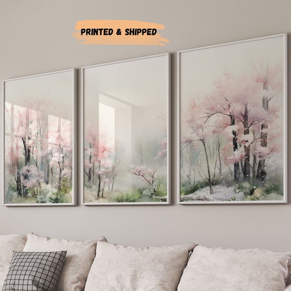 LakelzDecor Pink Cherry Blossom prints, set van 3, Woodland Girl kunst aan de muur, aquarel boomkwekerij decor, aquarel salie groen en baby roze