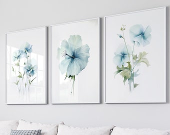 LakelzDecor Light Blue Chiffon Hibiscus Watercolor Print, Set of 3, Sage Green Boho Floral Bundle, Hampton Modern Home Decor, Minimalist Art