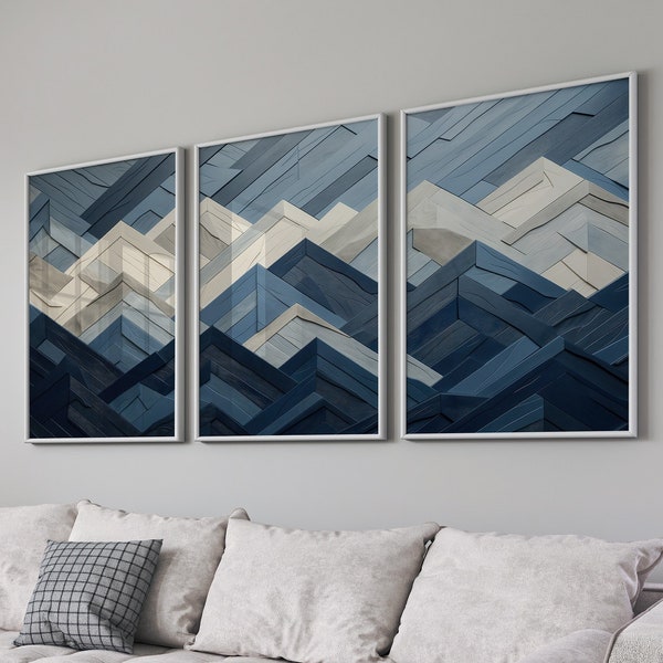 LakelzDecor Wood Inspired Mountain Range Wall Art, Set of 3, Wooden Panels Effect, Modern Wall Art, Large Boho Decor, Dark Pastel Navy Blue