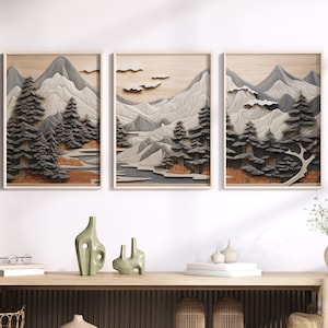LakelzDecor Wooden Style Mountain Range Wall Printables, Set of 3, Wood Panels, Modern Forest Art, Large Wood Prints, Rustic Wood Effect Art