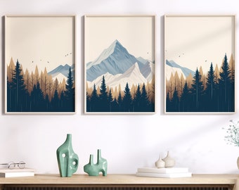 LakelzDecor Navy Blue & Beige Mountain decor, Set of 3, Boy Room Poster, Adventure theme, Dark Gray Background Abstract, Black and White Art