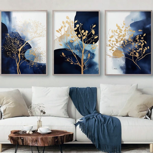 Art mural abstrait bleu marine, lot de 3, formes aquarelles bleu marine et or, art mural imprimable, impression géométrique pour couloir, décoration murale de salon
