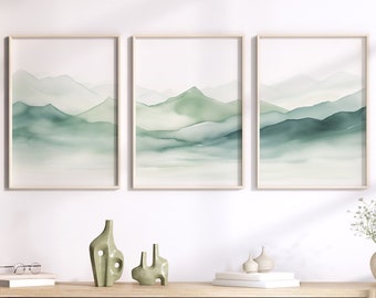 LakelzDecor Light Sage Green Mountain Printable, Set of 3, Boho Watercolor painting, Pastel & gray, Gallery Wall Decor, Minimalist Abstract
