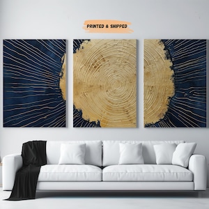 Navy Blue and Gold Tree Ring Wall Art, Set of 3, Navy and Gold Tree Slice Shapes, Geometric Hallway Print, Abstract Living Room Wall Decor