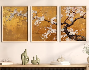 LakelzDecor Japanese White Sakura Printable, Set of 3, Golden Vintage Artwork, Minimalist Garden Korin Painting, Hokusai Inspired Oriental