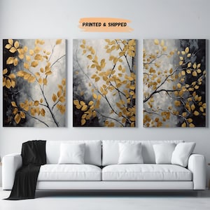 Black and Gold Leaves Oil Painting, Set of 3, Gold Abstract Wall Art, Large Wall Art Canvas, Modern Hallway Print, Living Room Decoration