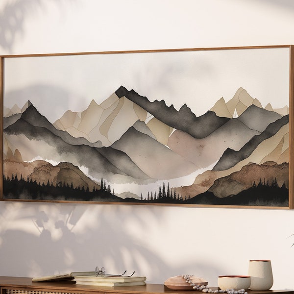 LakelzDecor Abstract Mountain Forest Wall decor, Wide Horizontal Landscape, Watercolor Wall Art, Large Minimalist Panorama, Beige and Gray