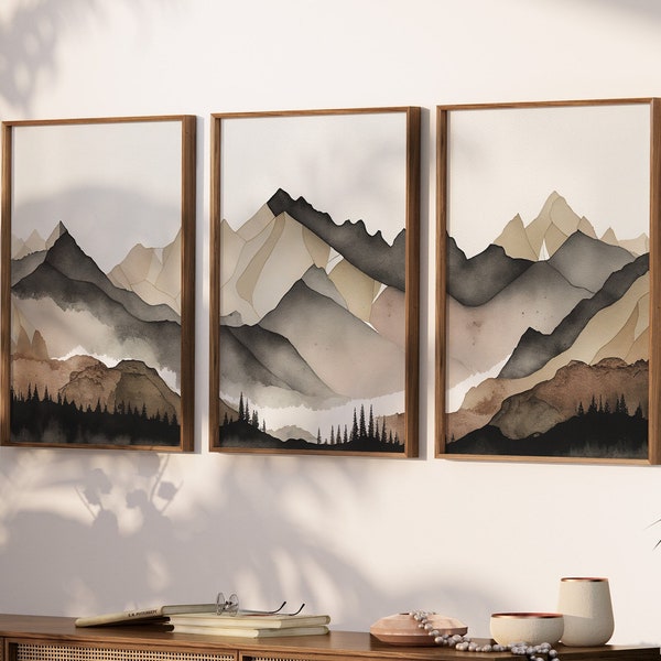 3 Piece Wall Art, Beige & Gray Mountain Wall Art, Forest Gallery Wall Set, Abstract Watercolor Print, Landscape Print Set, Modern Home Decor