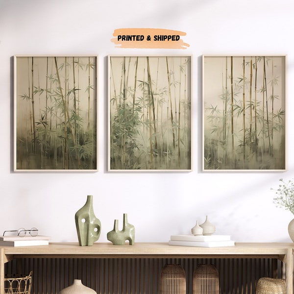 LakelzDecor art mural japonais vintage forêt de bambous, lot de 3, grande décoration de paysage minimaliste, galerie d'antiquités du Japon, impressions beige vert