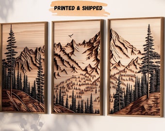 Mountain Wall Art Prints, Wood Panels, Wood Wall Art, Modern Wall Art, Large Mountain Wall Art, 3 Piece Art Decor, Burned Wood Effect Art