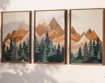May include: Three framed wood art prints depicting a layered mountain scene with a forest in the foreground. The mountains are in shades of brown and orange, and the forest is in shades of green and blue.
