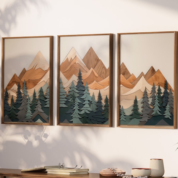 LakelzDecor art mural chaîne de montagnes inspiré du bois, lot de 3, panneaux de bois pour chambre d'enfant, art mural moderne, grande art mural, art imitation bois rustique