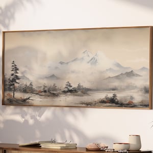 LakelzDecor Wabi Sabi Wald Wanddekor, Fuji Berg, breite horizontale Landschaft Druck, beige japanische Wandkunst, großes minimalistisches Panorama
