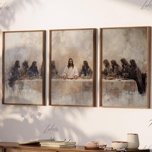 LakelzDecor L'Ultima Cena Dipinto ad olio stampabile, Gesù Set di 3, Parabola di Leonardo Da Vinci Bibbia LDS Rinascimento Fede cristiana Pastore