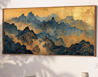 LakelzDecor Vintage Mountain Wall Print, Ogata Korin Artwork, Blue & Gold Forest Cabin Décor, Framed Rustic Asian Large Horizontal Canvas