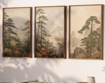 LakelzDecor Japanese Style Forest Decor Printable, Set of 3, Boho Japan Watercolor painting, Beige Green, Gallery Mountain Vintage Abstract