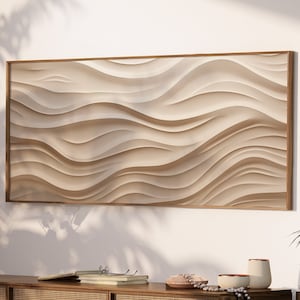 LakelzDecor Minimalist Abstract Sand Pattern Wall Print, Cabin art, Large Horizontal Canvas, Desert Beach Wave Effect, Brown Beige Mono Tone